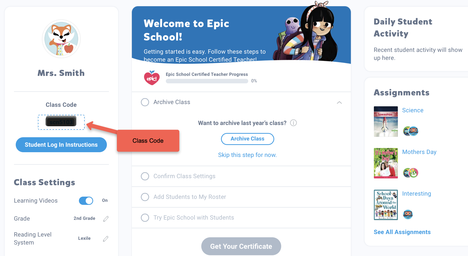 Where can I find my Class Code? Epic Help Center